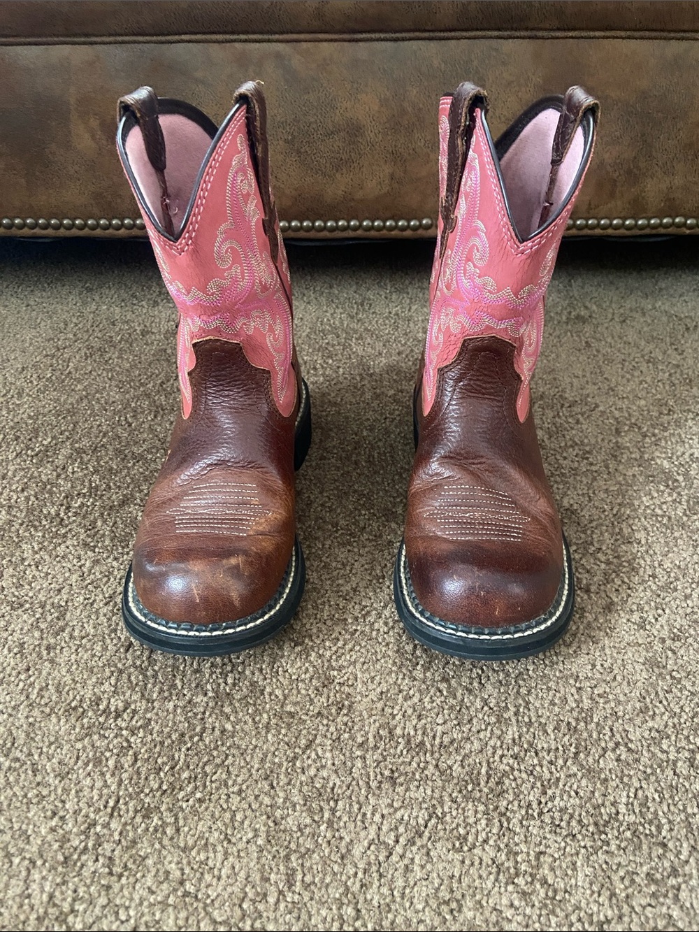 Ariat Pink and Brown Girls' Western Pull-On Heeled Boots